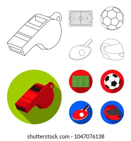 Field, stadium with markings for playing football, football ball, racket with a ball for ping-pong, protective helmet for the game,glove for baseball or rugby. Sport set collection icons in outline