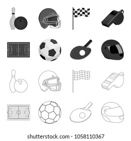 Field, stadium with markings for playing football, football ball, racket with a ball for ping-pong, protective helmet for the game,glove for baseball or rugby. Sport set collection icons in outline