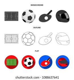 Field, stadium with markings for playing football, football ball, racket with a ball for ping-pong, protective helmet for the game,glove for baseball or rugby. Sport set collection icons in flat