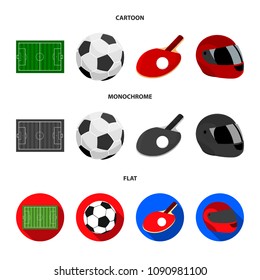 Field, stadium with markings for playing football, football ball, racket with a ball for ping-pong, protective helmet for the game,glove for baseball or rugby. Sport set collection icons in cartoon