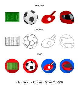 Field, stadium with markings for playing football, football ball, racket with a ball for ping-pong, protective helmet for the game,glove for baseball or rugby. Sport set collection icons in cartoon