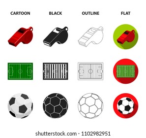 Field, stadium with markings for playing football, football ball, racket with a ball for ping-pong, protective helmet for the game,glove for baseball or rugby. Sport set collection icons in cartoon