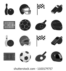Field, stadium with markings for playing football, football ball, racket with a ball for ping-pong, protective helmet for the game,glove for baseball or rugby. Sport set collection icons in black