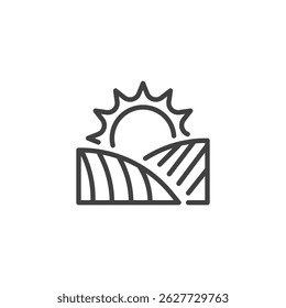 Field and Sun line icon. linear style sign for mobile concept and web design. Sun rising behind field outline vector icon. Warmth and growth symbol, logo illustration. Vector graphics