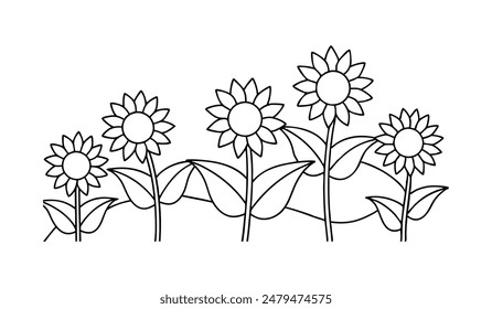 Field of Sunflowers in Simple Line Art