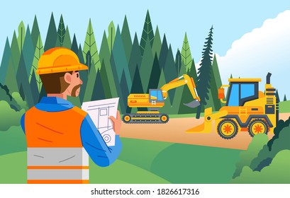 a field supervisor supervises a land clearing project with heavy equipment for development vector illustration. used for website image, banner and other