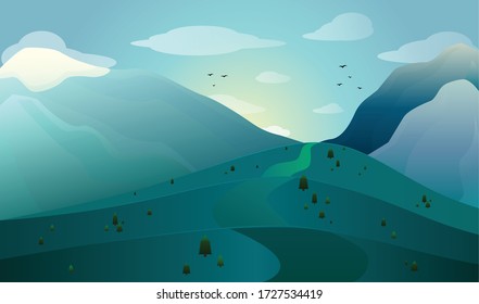 field surrounded by mountains. vector illustration. 