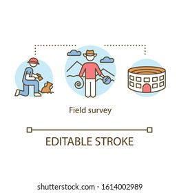 Field survey concept icon. Archeological expedition. Historical researching. Ancient monuments and artifacts learning idea thin line illustration. Vector isolated outline drawing. Editable stroke