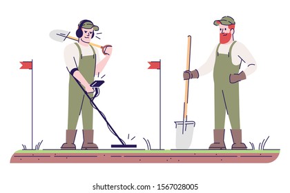 Field survey flat vector illustration. Start archeological study. Relic seekers with metal detector and shovel isolated cartoon characters with outline elements on white background