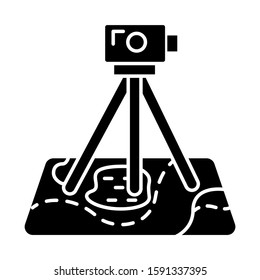 Field survey glyph icon. Research equipment. Archeological examination. Geological inspection. Topographic data gathering. Silhouette symbol. Negative space. Vector isolated illustration