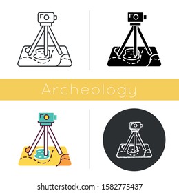 Field survey icon. Research equipment. Archeological exam. Digital tool on map. Geological inspection. Topographic data gathering. Flat design, linear and color styles. Isolated vector illustrations