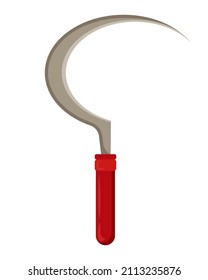 Field tool. Druid Accessory Sickle. Witch magic knife with wooden handle and metal round blade in cartoon style with shadows and highlights. Isolated illustration of sickle for mowing grass
