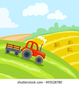 field and tractor. farm landscape. vector illustration
