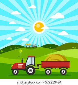 Field with Tractors. Tractor on Meadow. Vector Flat Design Nature Cartoon.