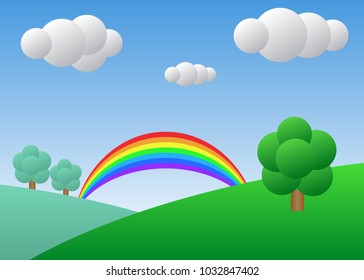 Field with tree and rainbow. Sunny day with blue sky – stock vector