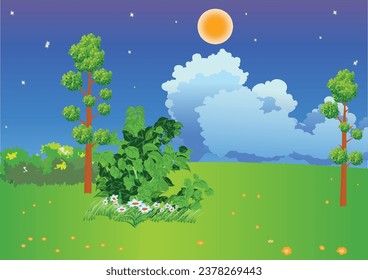 Field with trees and flowers at night when the moon and stars shine in the sky. Vector illustration.