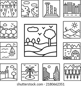 icono de contorno de campos y árboles en una colección con otros elementos