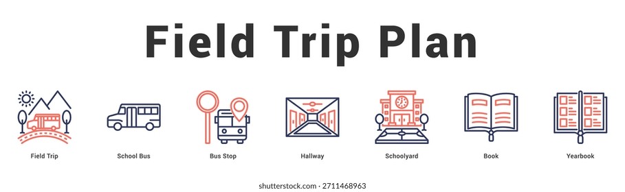 Plan de excursión Ilustración de Anuncio de Web moderno y limpio con iconos temáticos para la comunicación visual