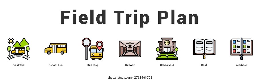 Plan de excursión Ilustración de Anuncio de Web moderno y limpio con iconos temáticos para la comunicación visual