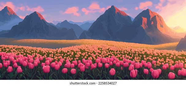 A field of tulips against the backdrop of mountains. Spring banner vector illustration. huge field of colorful tulips. Behind the field is a mountain range. Sunset. clouds of orange