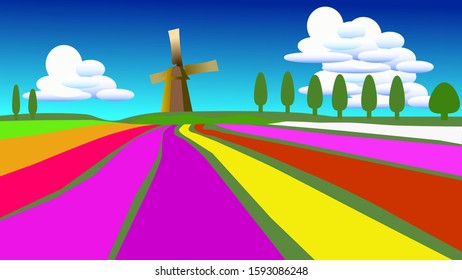Field with tulips, a mill and trees against the sky with clouds. Bright colorful background, concept of travel, tourism. Vector illustration. Design for social media.