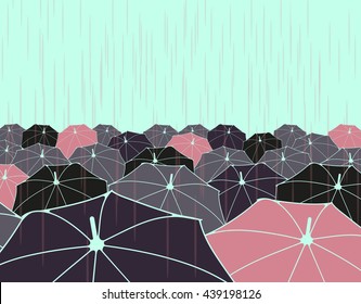 a field of umbrellas under the rain, in blue blue, pink, and black