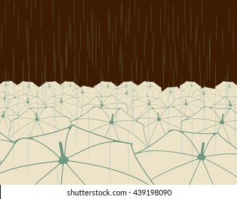 a field of umbrellas under the rain, in brown green, and ivory
