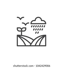 Field under rain outline icon. linear style sign for mobile concept and web design. Rainy cloud, flying birds and field simple line vector icon. Symbol, logo illustration. 