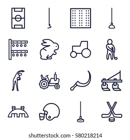 field vector icons. Set of 16 field outline icons such as field, rabbit, tractor, exercising, hoe, scythe, irrigation system, barn, golf player, football pitch, hockey