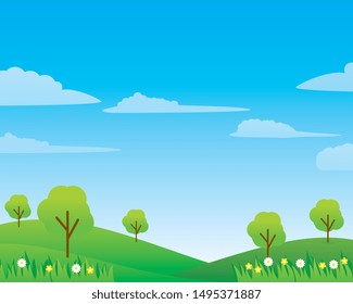 Field vector illustration with clouds, blue sky and trees suitable for background or illustration 