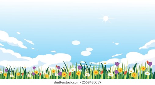 A field of vibrant wildflowers sways gently in the warm breeze beneath a clear blue sky.