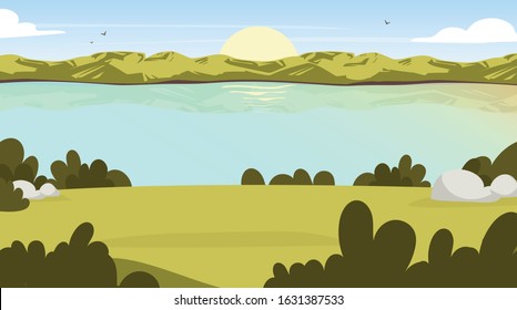 Field view flat vector illustration. Sunrise in valley. Water stream. Scenic park opening with lake. Outdoor panoramic scene. Sunset on green hill. Green environment cartoon background