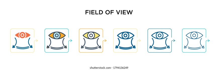 Icono de vector de campo de vista en 6 estilos modernos diferentes. Iconos de campo de visión negros, de dos colores, diseñados con un estilo relleno, contorno, línea y trazo. La ilustración vectorial se puede usar para web, móvil, ui