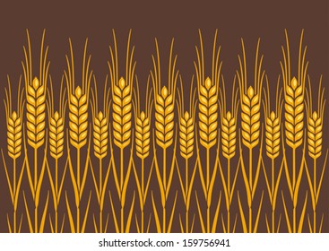 Field of Wheat, Barley or Rye vector visual graphic repeat pattern, golden yellow on natural brown background, ideal for bread packaging, beer labels etc.