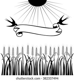 Field of Wheat, Barley or Rye vector black and white, swallows holding ribbons, Birds with banners