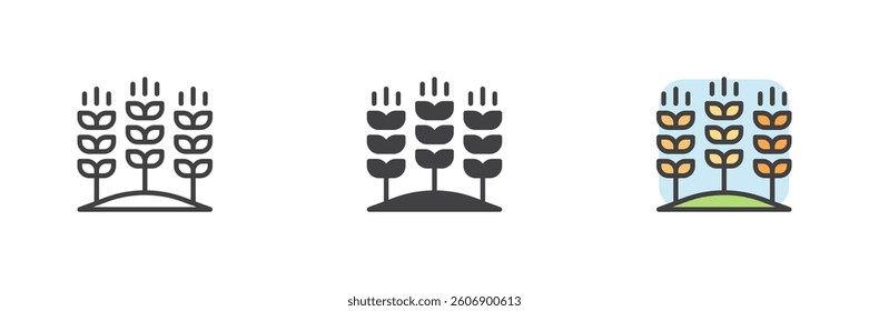 Field of wheat or grain different style icon set. Line, glyph and filled outline colorful version, outline and filled vector sign. Symbol, logo illustration. Vector graphics