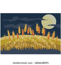 field with wheat at night, a round moon is shining on a dark sky, cartoon illustration, vector, eps