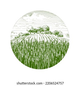 Field Of Wheat, Trees, Plants,  Panorama. Circle Round Green Wheat Hill Landscape Logo. Flour Packing. Hand Drawn Countryside Sketch. Realistic Vector Illustration