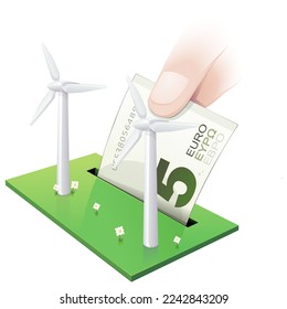 Field of white 3D wind turbines on a piece of meadow in which a 5 euro note is deposited like a piggy bank (cut out)