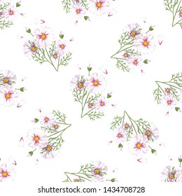 Field of white chamomile, great design for any purposes. Abstract bouquet design. Retro style.
