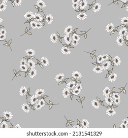 Field of white chamomile, great design for any purposes. Abstract bouquet design. Retro style on grey background.