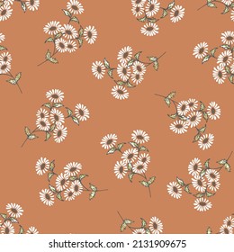 Field of white chamomile, great design for any purposes. Abstract autumn bouquet design. Retro style on orange background.