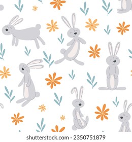 Field wild flowers, herbs and rabbits seamless pattern