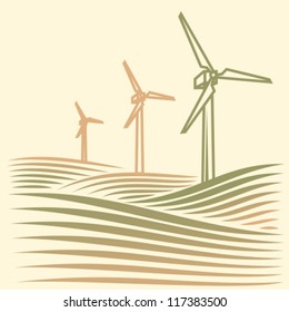 field with Wind turbines generating electricity