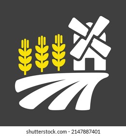 Campo con un molino de viento y orejas del icono del trigo glifo. Señal de agricultura. Símbolo gráfico para el diseño del sitio web, logotipo, aplicación, interfaz de usuario. Ilustración del vector, EPS10.