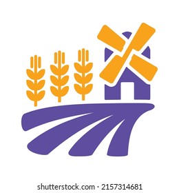 Field with a windmill and ears of wheat glyph icon. Agriculture sign. Graph symbol for your web site design, logo, app, UI. Vector illustration, EPS10.