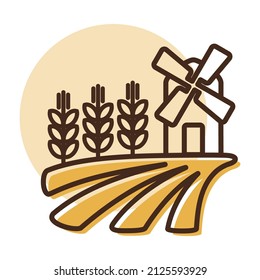 Field with a windmill and ears of wheat icon. Agriculture sign. Graph symbol for your web site design, logo, app, UI. Vector illustration, EPS10.