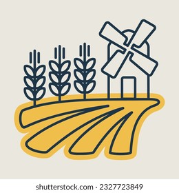 Field with a windmill and ears of wheat icon. Agriculture sign. Graph symbol for your web site design, logo, app, UI. Vector illustration, EPS10.