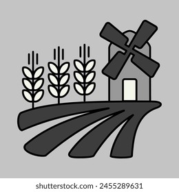 Field with a windmill and ears of wheat icon. Agriculture sign. Graph symbol for your web site design, logo, app, UI. Vector illustration, EPS10.
