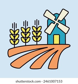 Campo con un molino de viento y espigas de trigo icono. Señal de agricultura. Símbolo gráfico para el diseño de su Sitio web, logotipo, App, UI. Ilustración vectorial, EPS10.